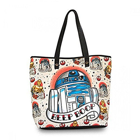 Loungefly Star Wars R2D2 Tattoo Applique Tote Bag Purse (Tan/Multi) STTB0078
