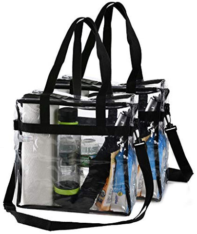 Clear Tote Bag NFL Stadium Approved - 2 PACK - Shoulder Straps and Zippered Top. Perfect Clear Bag for Work, School, Sports Games and Concerts. Meets NFL Tournament Guidelines. (12 x 12 x 6 Inches)