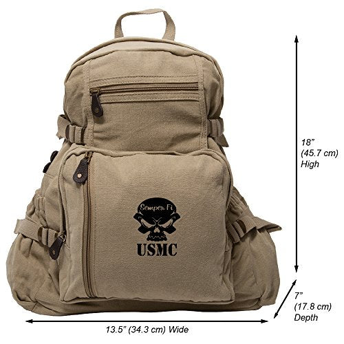 USMC Semper Fi Skull Marine Corp Army Sport Heavyweight Canvas Backpack Bag in Khaki & Black, Large