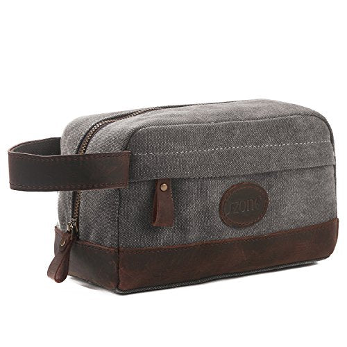 S-Zone Vintage Leather Trim Canvas Toiletry Bag Shaving Dopp Case Cosmetic Makeup Bag