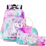 Girls Backpack Kids Elementary Bookbag Girly School Bag with Insulated Lunch Tote and Pencil Pouch (Tie dye green purple pink - Fari tale unicorn)