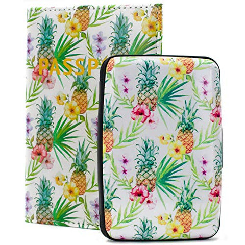 Miami CarryOn RFID Protected Wallet and Passport Cover Set - Prevent Identity Theft (Tropical Pineapples)
