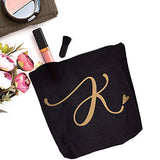 K Initial Monogram Personalized Travel Makeup Bag,Cosmetic Bag Pencil Pouch Gifts with Zipper Black Gold