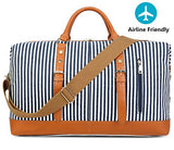 BLUBOON Weekender Overnight Bag Travel Women Ladies Canvas Duffle Tote Bags PU Trim (Blue stripe)
