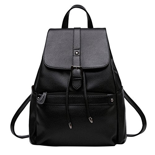 ABage Women's Leather Backpack Purse Lightweight Flap Drawstring School Backpack, Black