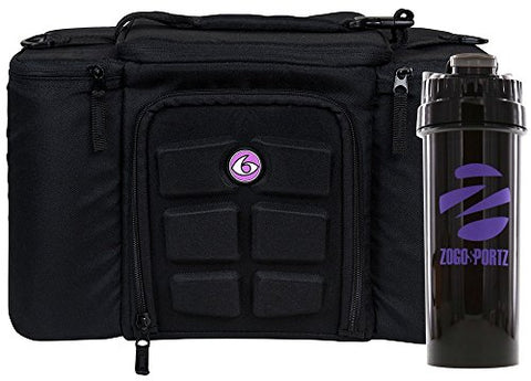 6 Pack Fitness Insulated Meal Prep Bag, Innovator 300 Black/Neon Purple (3 Meal) w/Bonus ZogoSportz Cyclone Shaker