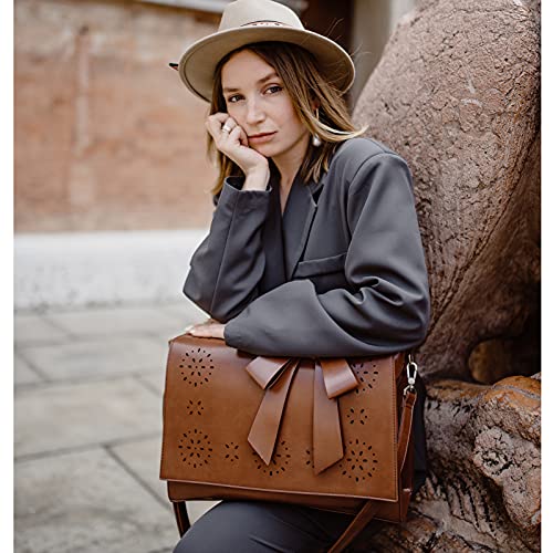 Ecosusi Women's Briefcase Vegan Leather Laptop Bag for Work Shoulder Computer Satchel Bag with Detachable Bow