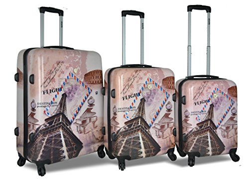 Dejuno 3-Piece Printed Lightweight Hardside Spinner Upright Hard Case Luggage Set - Paris Stamp