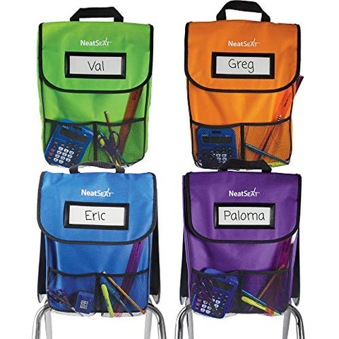 EAI Education NeatSeat Classroom Chair Organizer | Oversized Name-Tag Card, Dual Inner Pockets, One of Each Color: Blue, Lime Green, Orange, Purple, 16" x 12" with 1 1/2" Gusset, Set of 4