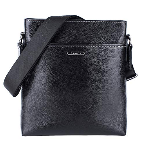Banuce Black Real Leather Messenger Bag for Men Crossbody 9.7" iPad Shoulder Business Bag