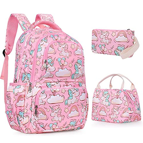 SKL School Backpack Cute Unicorn Backpack for Girls School Bag Set Pink Rucksack, 3 in 1 Student Book bag Lightweight Travel Daypack with Lunch Box and Pencil Case for Kids Girls Teenage
