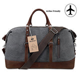 Canvas Overnight Bag Travel Duffel Genuine Leather for Men and Women Weekender Tote (Grey)