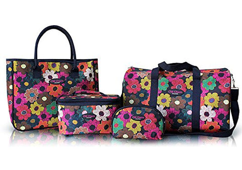 4Pc Duffel Travel Bag Clutch Toiletry Cosmetic Purse Tote Set Multi Color Flowers