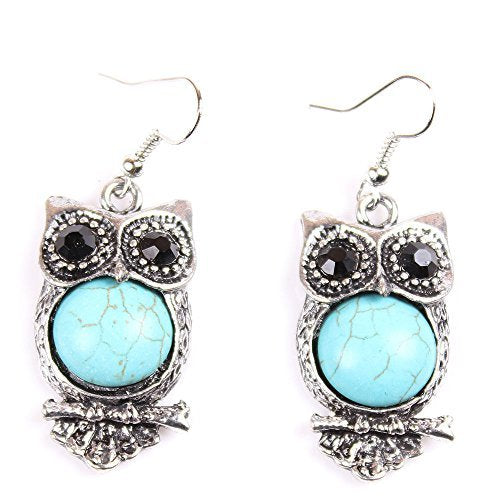 Acxico Retro Turquoise Black Onyx Inlaid Owl Pendant Stud Earrings