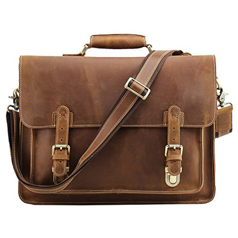 Polare Men'S Full Grain Leather Laptop Briefcase Messenger Bag Vintage Travel Case