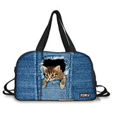 Hugsidea Funny Pet Cat Head Patteran Outdoor Travel Duffel Batg Jeans Blue Sport Handbag For Women