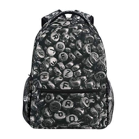 Letter Beads Black White Girls and Boys Backpack, Student Backpack Fashion Leisure Travel Junior University Backpack Canvas Student Bag Suitable for 14 Inch Laptop Computers 41cm x 29cm x 20cm