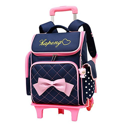 Adanina Cute Print Bowknot Trolley Backpack Elementary Middle School Rolling Bag Wheeled Waterproof