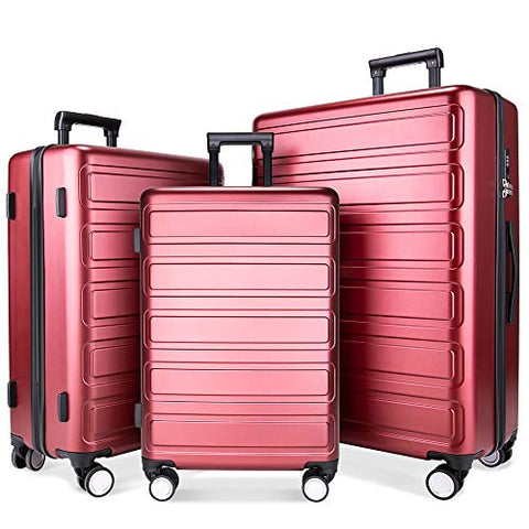 Luggage Sets, SHOWKOO 3 Piece Polycarbonate Durable Hardshell & Lightweight Suitcase Double Wheels TSA Lock City Fashion Red Wine 20in24in28in