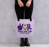Brain Health and Alzheimer's Awareness Tote Bag Peace Love Cure Purple Polka Dot Custom Design Size 15" x 15"