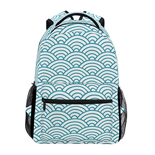 Stylish Japanese Seigaiha Waves Backpack- Lightweight School College Travel Bags, ChunBB 16" x 11.5" x 8"