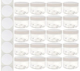 4 Ounce Plastic Wide-Mouth Storage Jars (20 pack) with Labels - Low Profile Straight-Sided Clear Empty Refillable Food-Grade BPA-Free PET Containers with White Screw-On Lids for DIY Beauty, Crafts