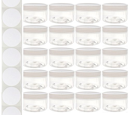 4 Ounce Plastic Wide-Mouth Storage Jars (20 pack) with Labels - Low Profile Straight-Sided Clear Empty Refillable Food-Grade BPA-Free PET Containers with White Screw-On Lids for DIY Beauty, Crafts