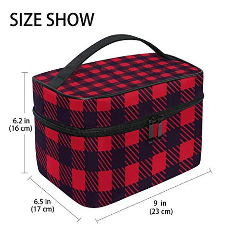 GIOVANIOR Red Black Plaid Checked Large Cosmetic Bag Travel Makeup Organizer Case Holder for