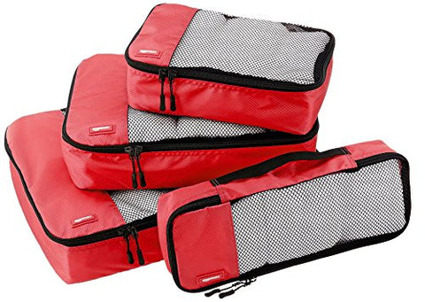 AmazonBasics 4-Piece Packing Cube Set - Small, Medium, Large, and Slim, Red