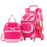 Meetbelify Rolling Backpacks For Girls School Bags Trolley Handbag With Lunch Bag Style B-Rose Red