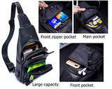 BULLCAPTAIN Men Sling Crossbody Bag with USB Charging Port Genuine Leather Shoulder Chest Bag Travel Hiking Backpack (Black)
