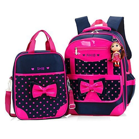 Efree 2 pcs Girl's Polka Dot Cute Bow Princess Pink School Backpack Girls Book Bag (Rose)
