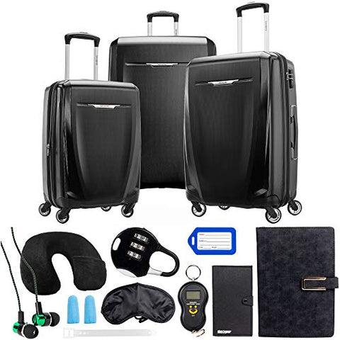 Samsonite Winfield 3 DLX 3 Piece Set (Spinner 20/25/28), Black 120751-1041 with Deco Gear 10 Piece Luggage Accessory Ultimate Travel Bundle