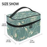 GIOVANIOR Retro Teal Floral Large Cosmetic Bag Travel Makeup Organizer Case Holder for Women Girls
