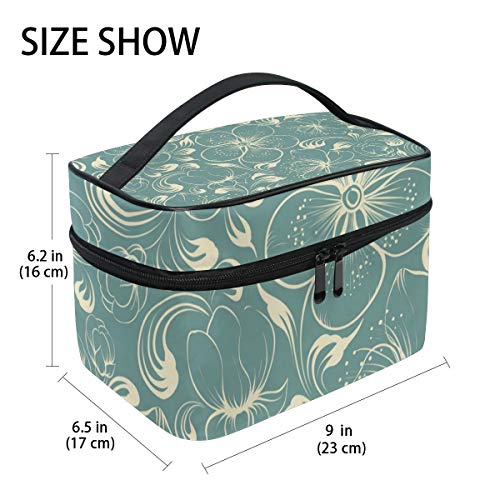 GIOVANIOR Retro Teal Floral Large Cosmetic Bag Travel Makeup Organizer Case Holder for Women Girls
