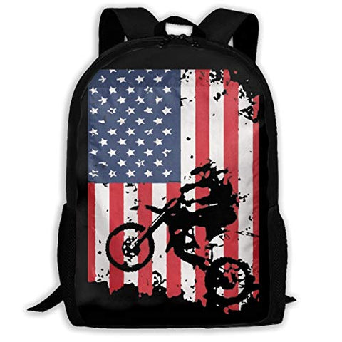 JimHappy School Backpack American Flag Motocross Dirtbike 3D Adult Outdoor Leisure Sports Backpack