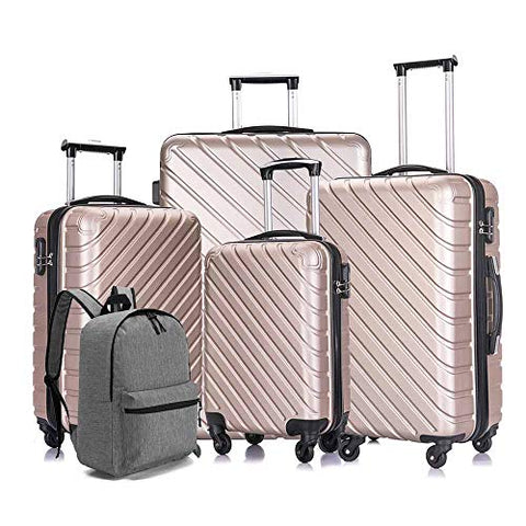 Apelila 5 Piece Luggage Sets,Travel Suitcase Spinner Hardshell Lightweight w/Free Suitcase Cover& Hanger (4PC Champagne Gold With Bag)