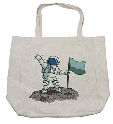 Lunarable Boy's Room Shopping Bag, Victorious Cartoon Astronaut with a Blank Flag on The Moon Waving Gracefully, Eco-Friendly Reusable Bag for Groceries Beach Travel School & More, Cream