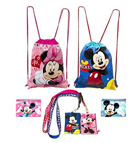 Disney Mickey and Minnie Mouse Drawstring Backpacks Plus Lanyards with Detachable Coin Purse and Autograph Books (Set of 6)