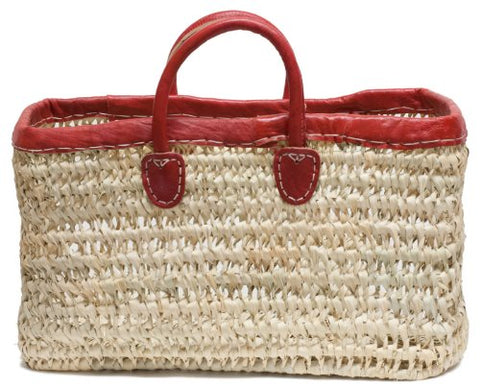 Moroccan Straw Tote Bag W/ Red Leather Trim, 18"Lx8"Wx10"H - Tripoli Red Lg