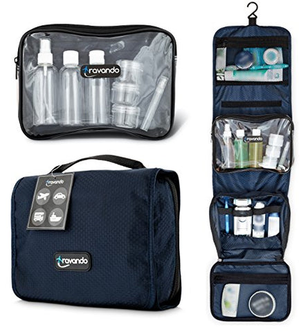 TRAVANDO Hanging Toiletry Bag"FLEXI" + 7 TSA Approved Liquid Bottles - Travel Set for Men and Women - Toilet Kit for Cosmetics, Makeup - Organiser for Suitcase - Wash Bag with Containers