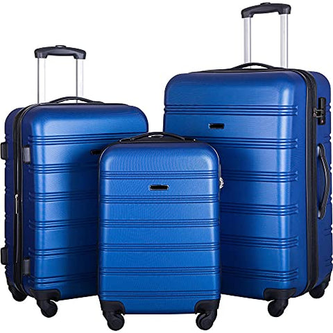 3 piece luggage set with TSA lock hard side swivel suitcase Dark Blue