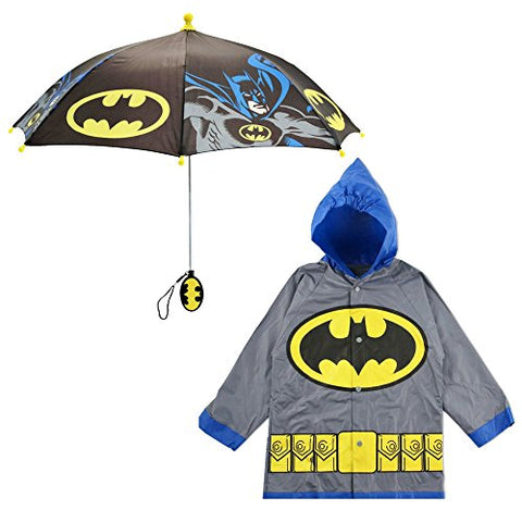 DC Comics Little Boys Batman or Superman Slicker and Umbrella Rainwear Set, Grey Batman, Age 4-5