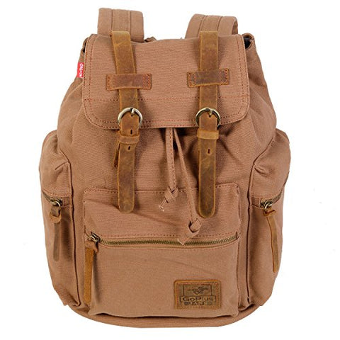 GHP Tan Retro Drawstring Adjustable Shoulder Strap Canvas & Leather Backpack Bag