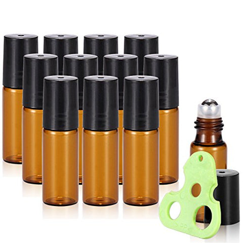 Olilia 5ml Amber Glass Essential Oils Roller Bottles with Stainless Steel Ball 12 Pack, Essential