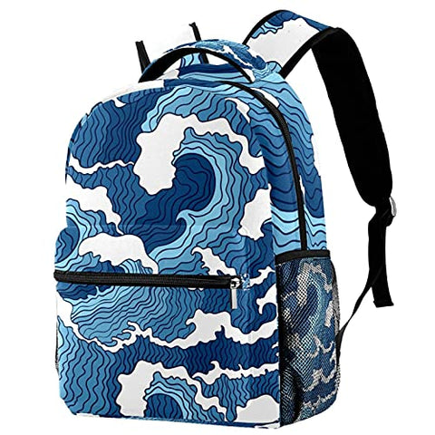 LORVIES Japanese Abstract Blue Wave Lightweight School Classic Backpack Travel Rucksack for Girls Women Kids Teens
