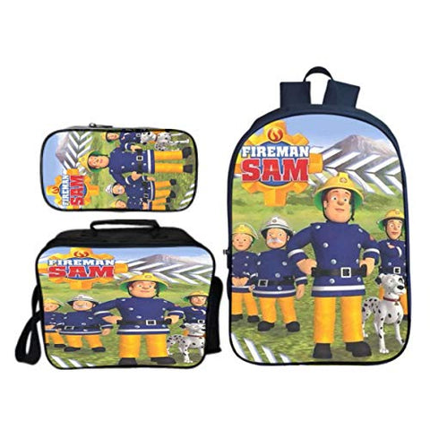 Ceomate Children Fireman Sam Backpack-Boys 3 in 1 School Bag Set Cartoon Rucksack with Insulated Lunch Bag Pencil Case