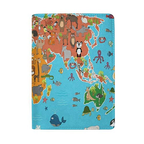 Passport Holder Cartoon Animal World Map Passport Cover Case Wallet Card Storage Organizer for