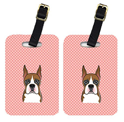 Caroline'S Treasures Bb1223Bt Pair Of Checkerboard Pink Boxer Luggage Tags , Large, Multicolor