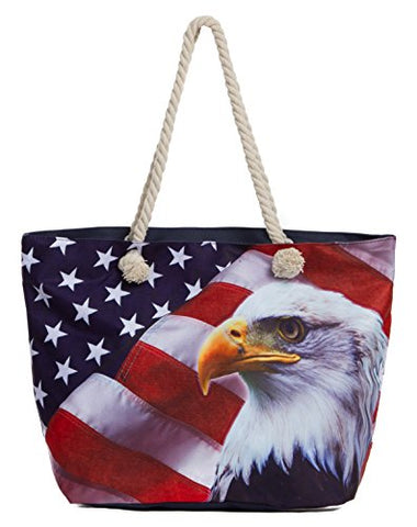 Leisureland Large Beach Tote Bag, Top Zipper Boat Bag (Eagle American Flag)
